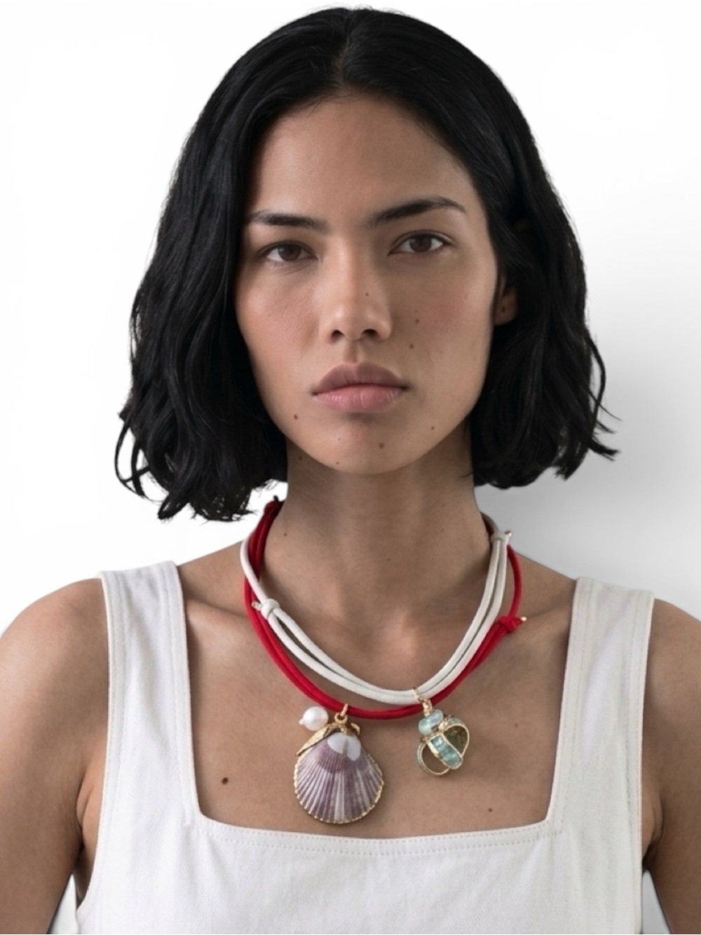 Red and Cream Layered cord Necklace Shell Charm Necklace - Women Jewelry